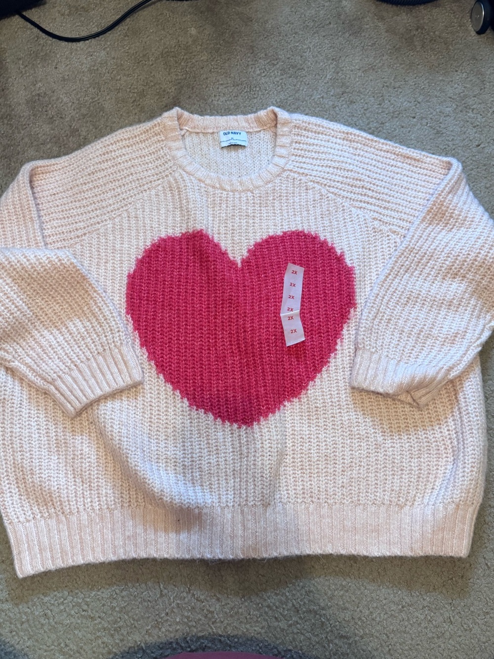LOFT Light Pink Crewneck Sweater with Hot Pink Heart